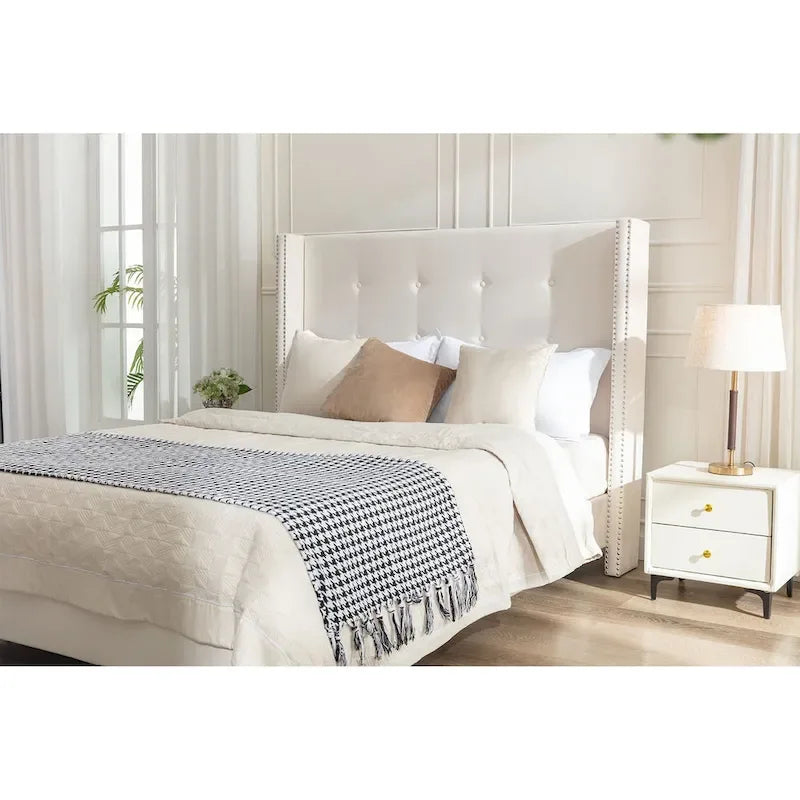 Letto matrimoniale Queen size in velluto blu / avorio – testiera capitonné ad ali, 2 persone
