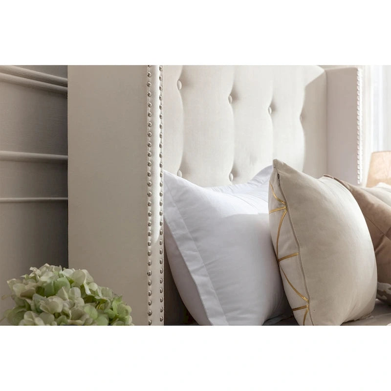 Letto matrimoniale Queen size in velluto blu / avorio – testiera capitonné ad ali, 2 persone