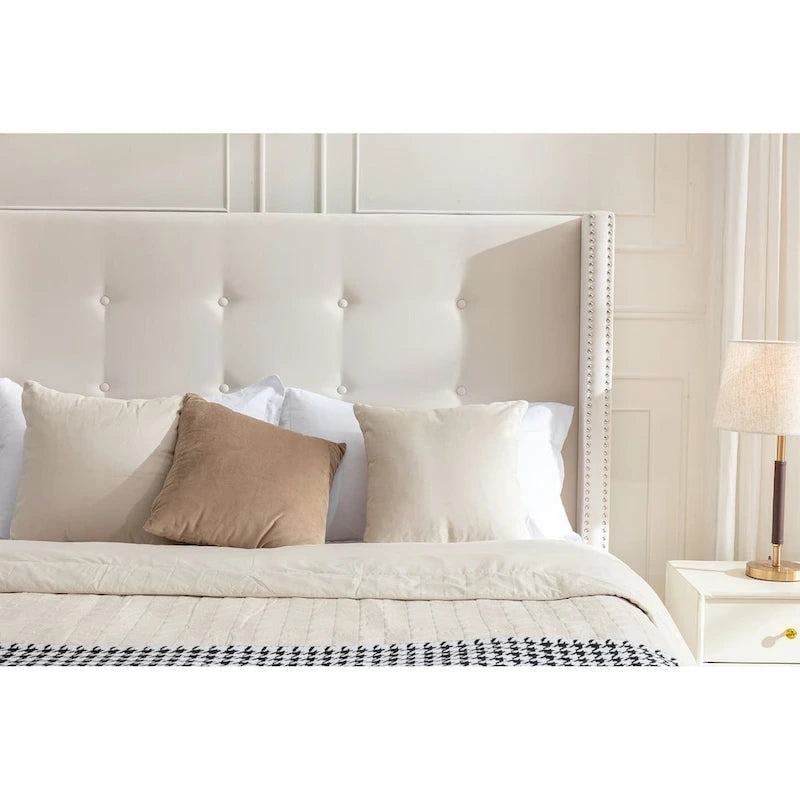 Letto matrimoniale Queen size in velluto blu / avorio – testiera capitonné ad ali, 2 persone