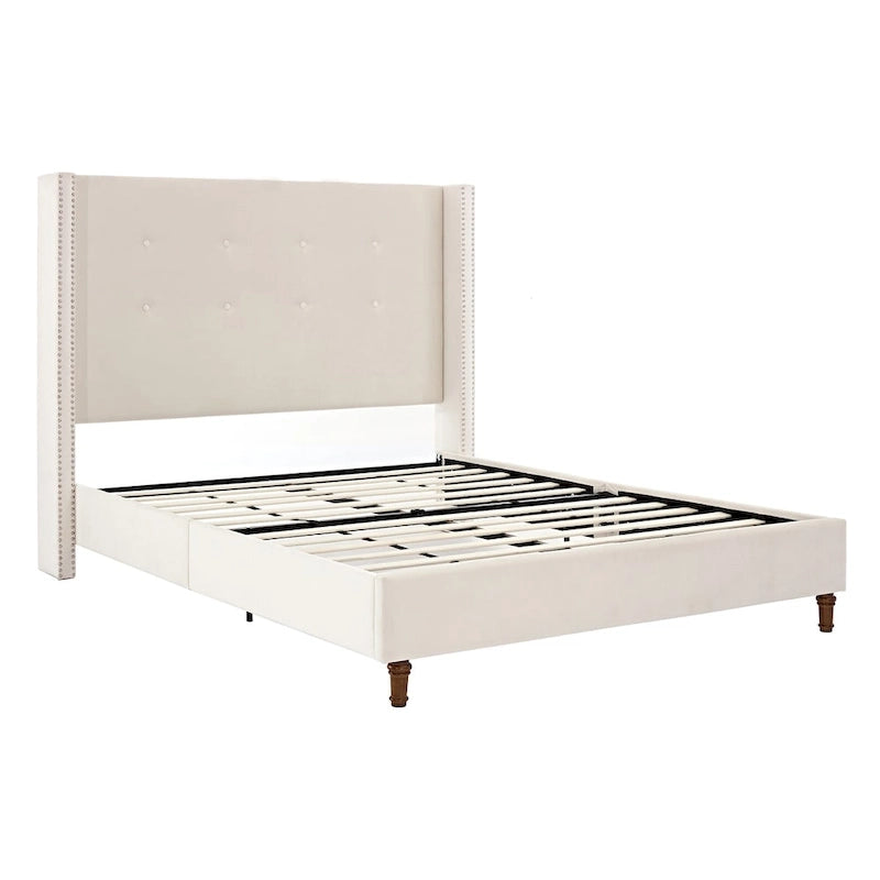 Letto matrimoniale Queen size in velluto blu / avorio – testiera capitonné ad ali, 2 persone