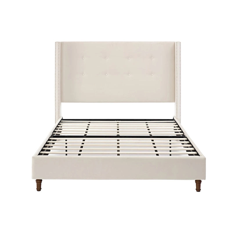 Letto matrimoniale Queen size in velluto blu / avorio – testiera capitonné ad ali, 2 persone