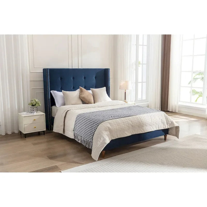 Letto matrimoniale Queen size in velluto blu / avorio – testiera capitonné ad ali, 2 persone