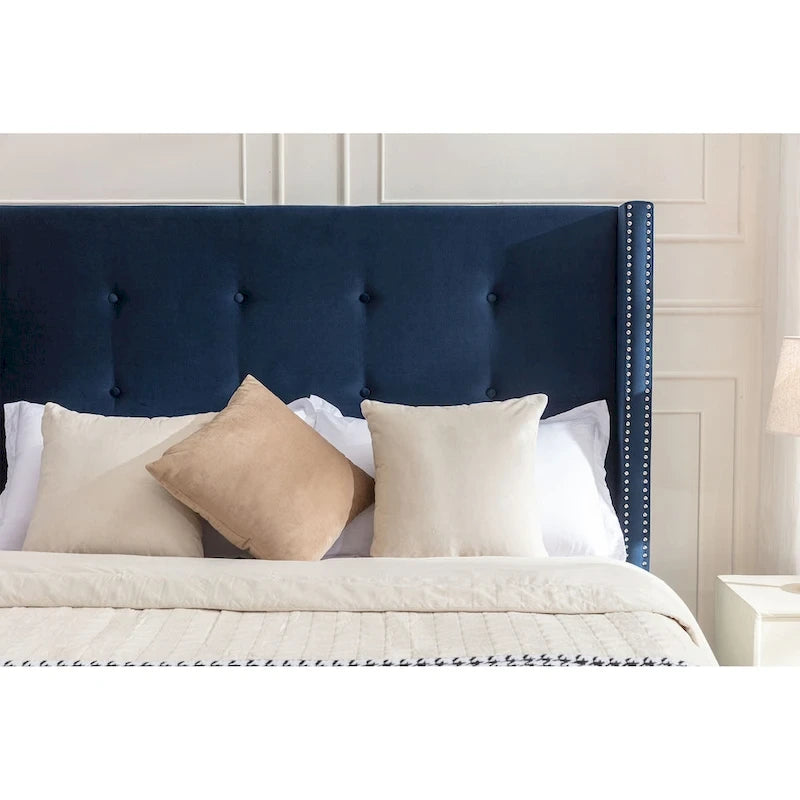Letto matrimoniale Queen size in velluto blu / avorio – testiera capitonné ad ali, 2 persone