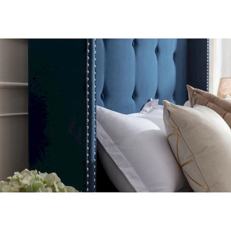 Letto matrimoniale Queen size in velluto blu / avorio – testiera capitonné ad ali, 2 persone