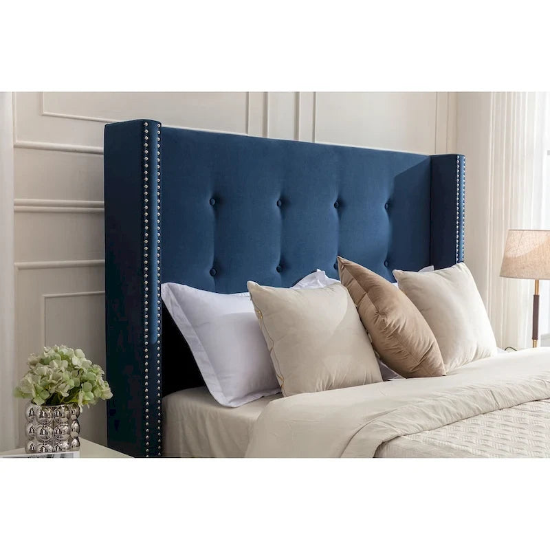 Letto matrimoniale Queen size in velluto blu / avorio – testiera capitonné ad ali, 2 persone