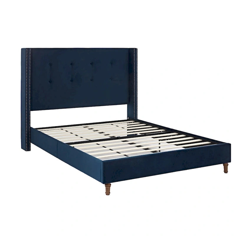 Letto matrimoniale Queen size in velluto blu / avorio – testiera capitonné ad ali, 2 persone