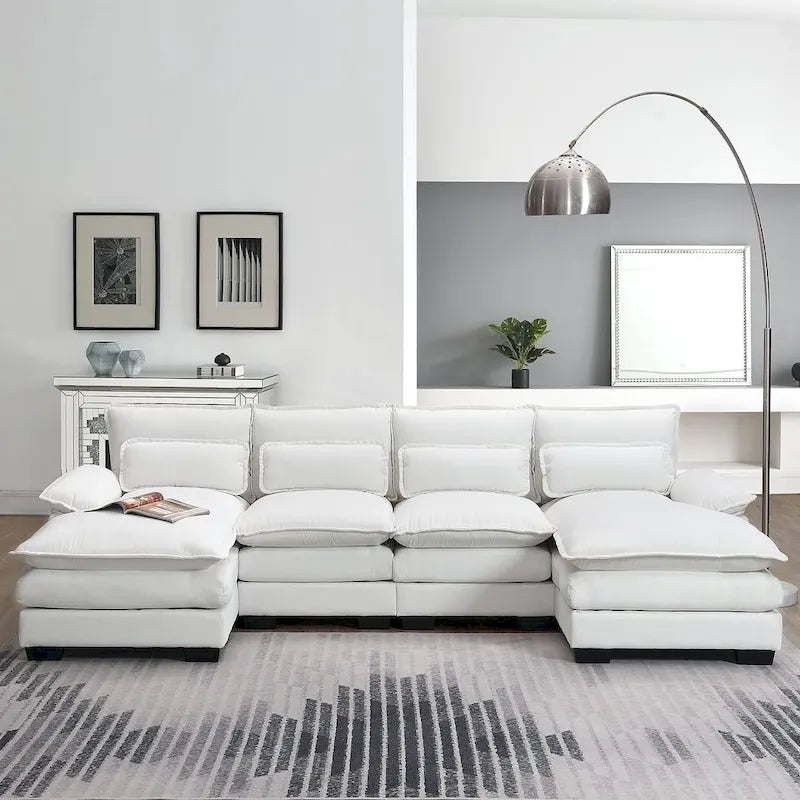 Divano componibile a U da 6 posti, in ciniglia e velluto, nei colori bianco/grigio/verde/blu/nero