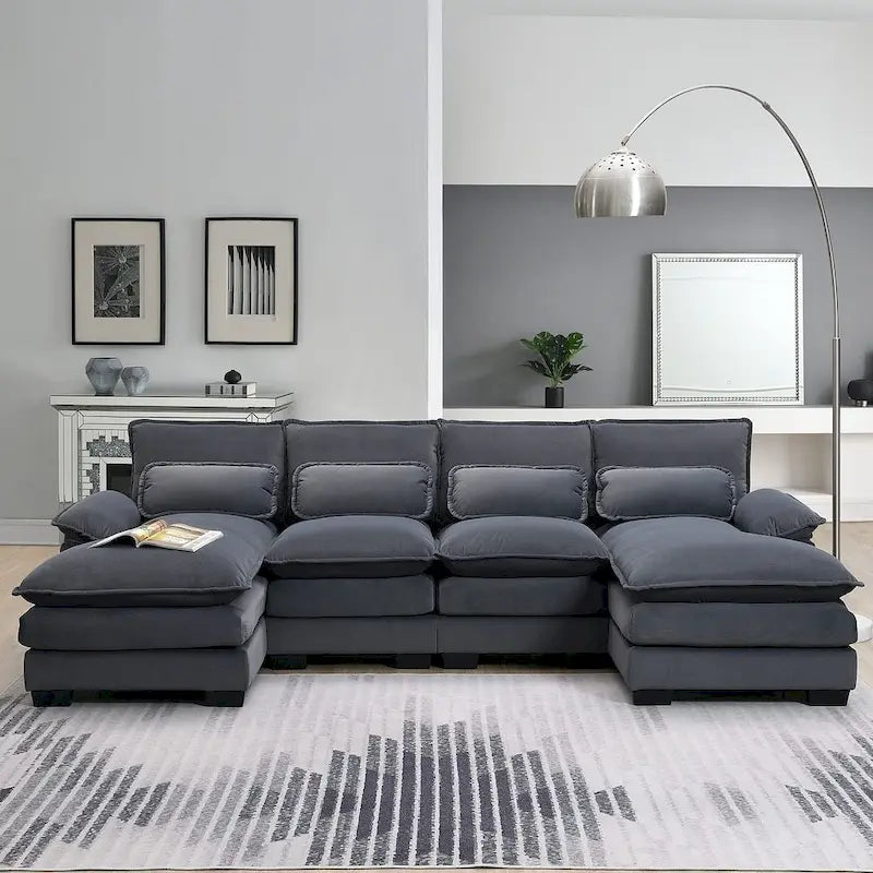 Divano componibile a U da 6 posti, in ciniglia e velluto, nei colori bianco/grigio/verde/blu/nero