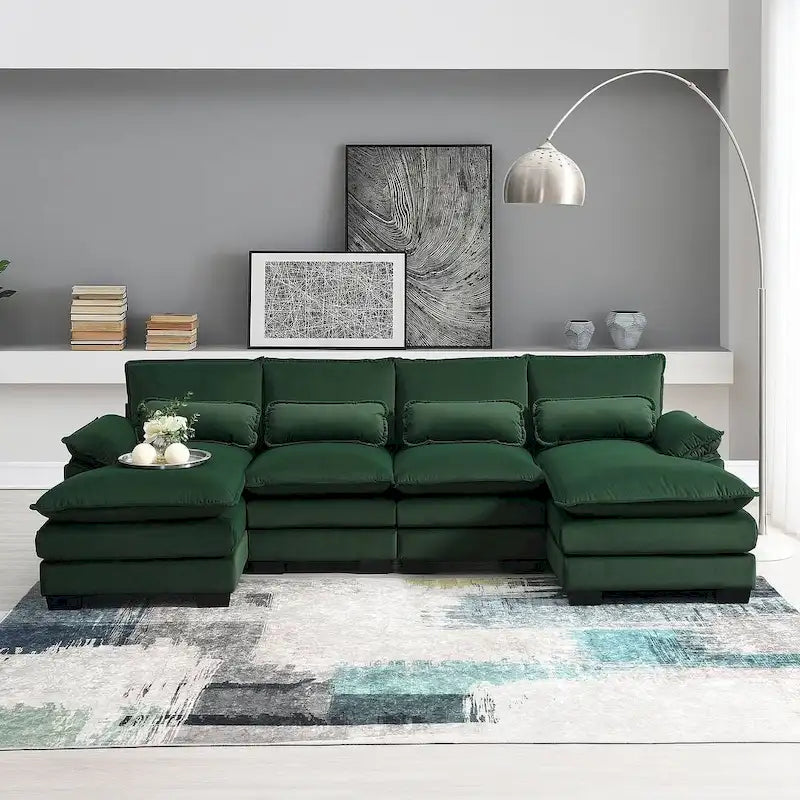 Divano componibile a U da 6 posti, in ciniglia e velluto, nei colori bianco/grigio/verde/blu/nero