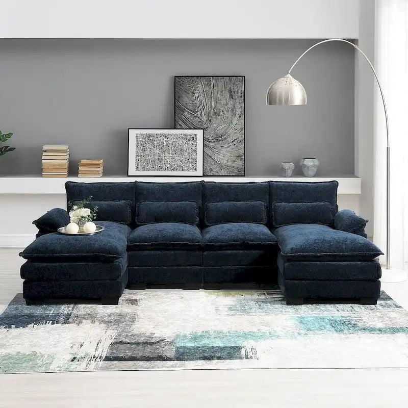 Divano componibile a U da 6 posti, in ciniglia e velluto, nei colori bianco/grigio/verde/blu/nero