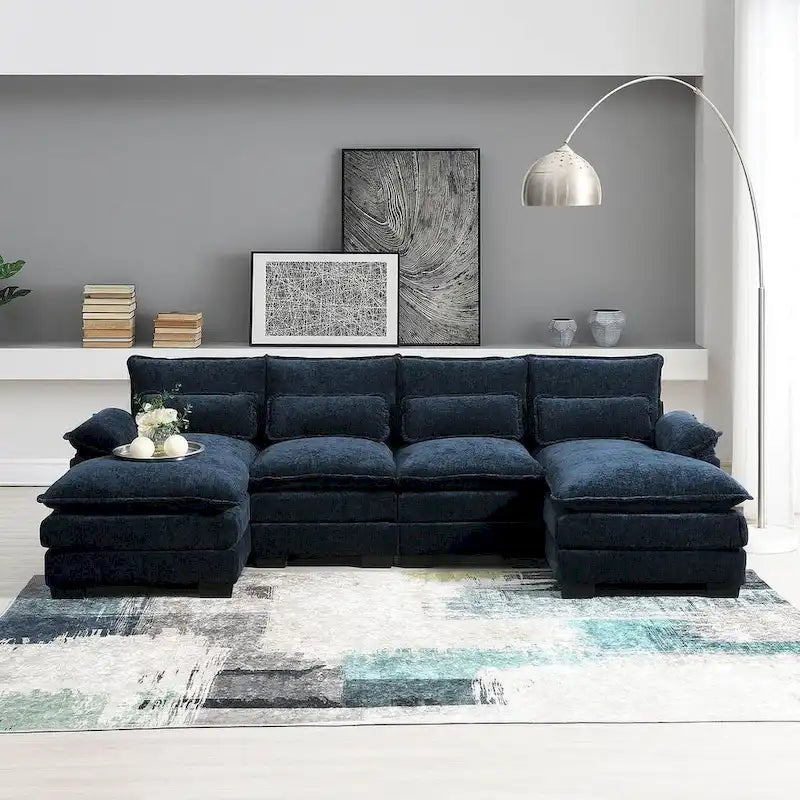 Divano componibile a U da 6 posti, in ciniglia e velluto, nei colori bianco/grigio/verde/blu/nero