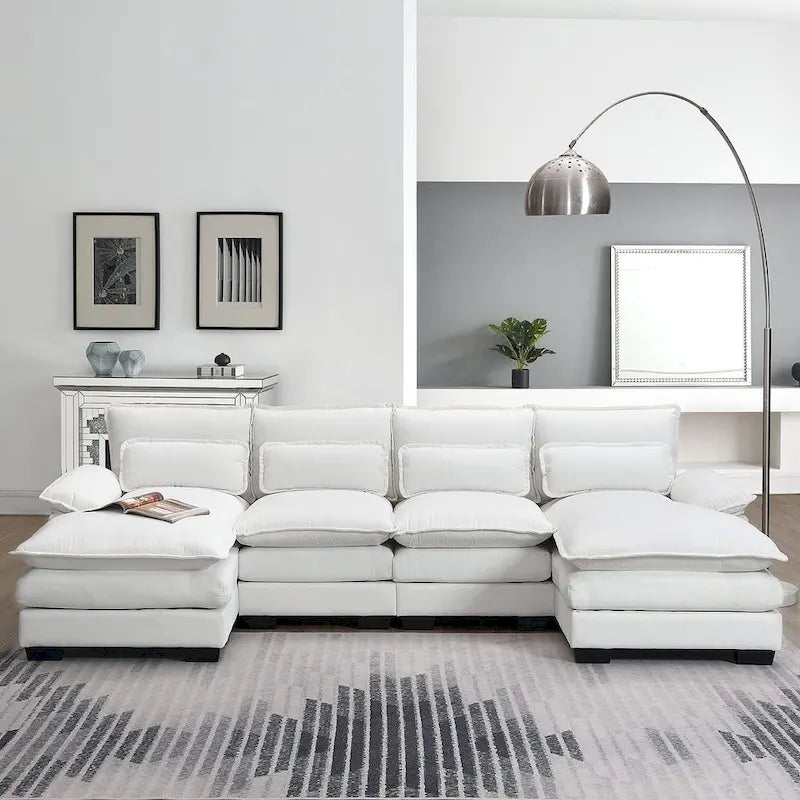 Divano componibile a U da 6 posti, in ciniglia e velluto, nei colori bianco/grigio/verde/blu/nero