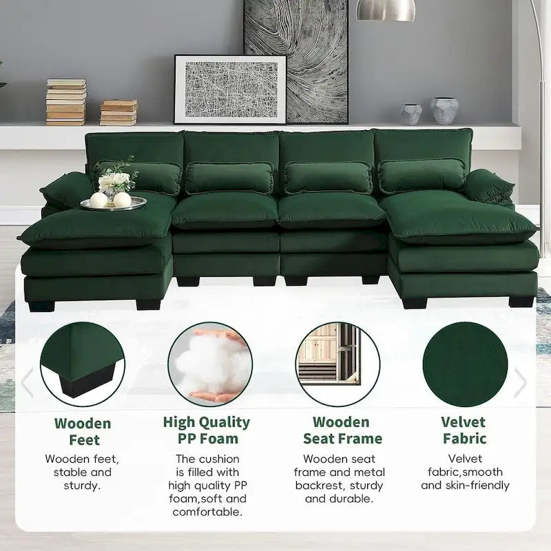 Divano componibile a U da 6 posti, in ciniglia e velluto, nei colori bianco/grigio/verde/blu/nero