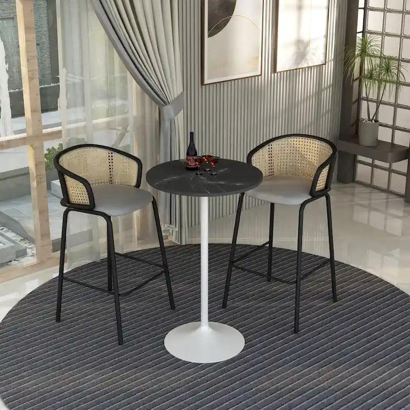 Tavolo rotondo da bar da 27", piano in MDF e base in acciaio spazzolato, 4 posti – Nero / Naturale / Marrone / Noce