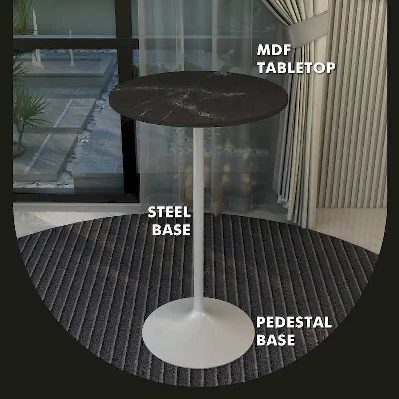 Tavolo rotondo da bar da 27", piano in MDF e base in acciaio spazzolato, 4 posti – Nero / Naturale / Marrone / Noce