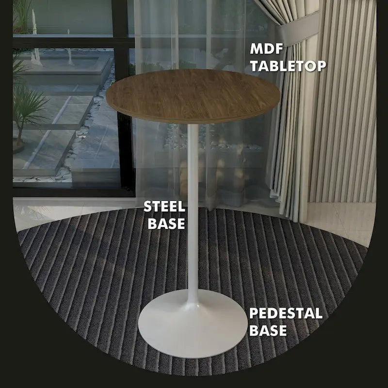 Tavolo rotondo da bar da 27", piano in MDF e base in acciaio spazzolato, 4 posti – Nero / Naturale / Marrone / Noce