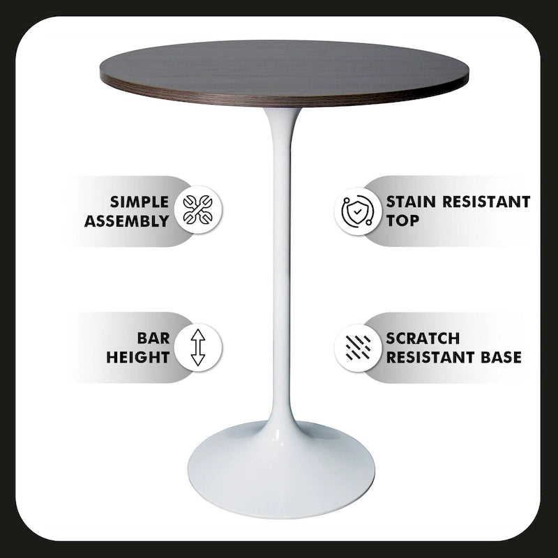 Tavolo rotondo da bar da 27", piano in MDF e base in acciaio spazzolato, 4 posti – Nero / Naturale / Marrone / Noce