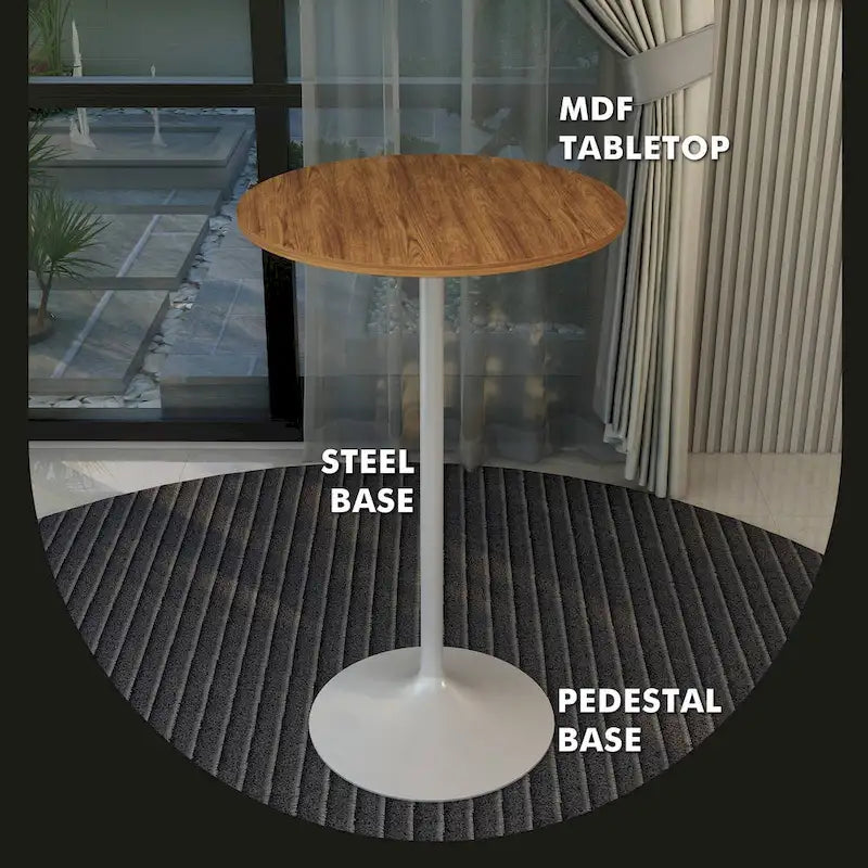 Tavolo rotondo da bar da 27", piano in MDF e base in acciaio spazzolato, 4 posti – Nero / Naturale / Marrone / Noce