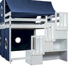 Letto a soppalco da gioco blu/rosa con scivolo, tenda e scale contenitore – Piazza e mezza, 1 bambino