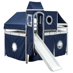 Letto a soppalco da gioco blu/rosa con scivolo, tenda e scale contenitore – Piazza e mezza, 1 bambino