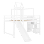 Letto a soppalco da gioco blu/rosa con scivolo, tenda e scale contenitore – Piazza e mezza, 1 bambino