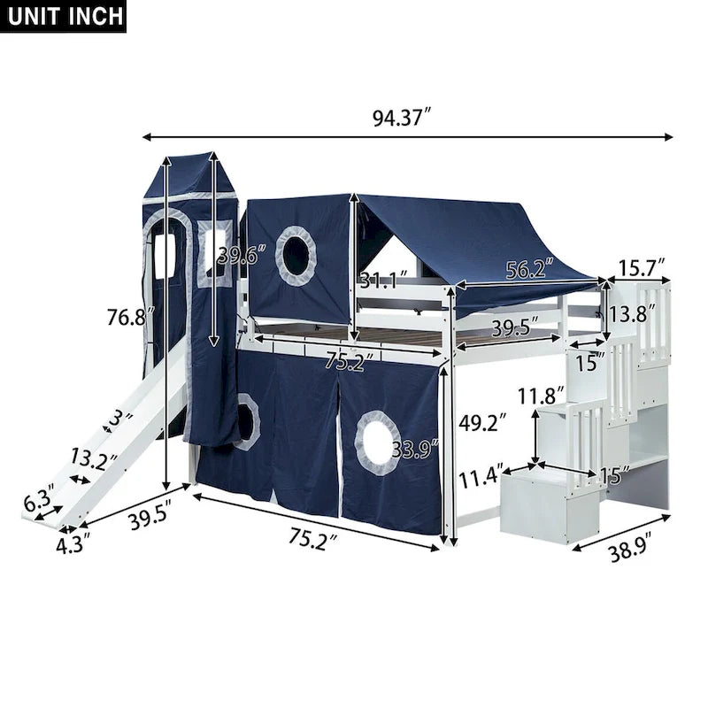 Letto a soppalco da gioco blu/rosa con scivolo, tenda e scale contenitore – Piazza e mezza, 1 bambino