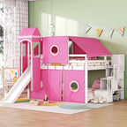 Letto a soppalco da gioco blu/rosa con scivolo, tenda e scale contenitore – Piazza e mezza, 1 bambino
