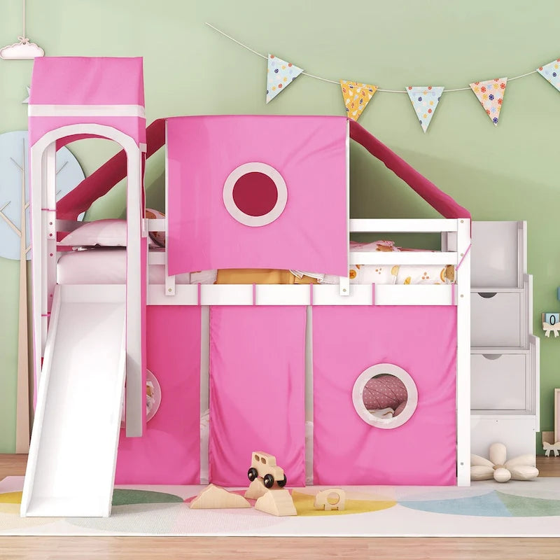 Letto a soppalco da gioco blu/rosa con scivolo, tenda e scale contenitore – Piazza e mezza, 1 bambino
