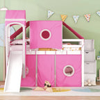 Letto a soppalco da gioco blu/rosa con scivolo, tenda e scale contenitore – Piazza e mezza, 1 bambino