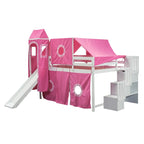 Letto a soppalco da gioco blu/rosa con scivolo, tenda e scale contenitore – Piazza e mezza, 1 bambino