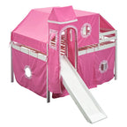 Letto a soppalco da gioco blu/rosa con scivolo, tenda e scale contenitore – Piazza e mezza, 1 bambino