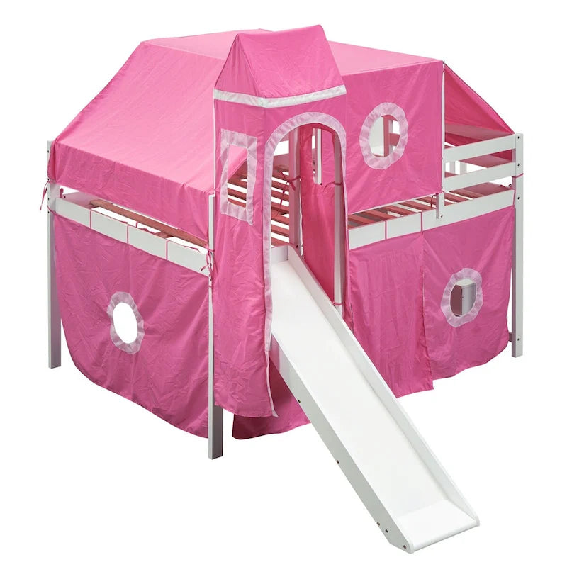 Letto a soppalco da gioco blu/rosa con scivolo, tenda e scale contenitore – Piazza e mezza, 1 bambino