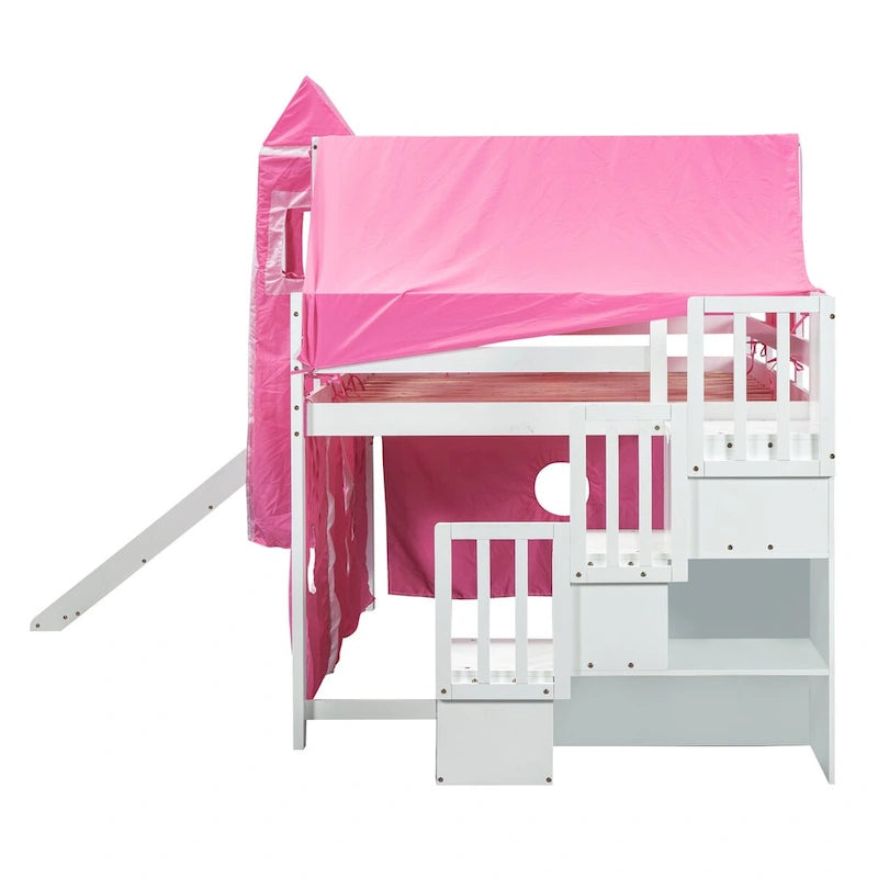 Letto a soppalco da gioco blu/rosa con scivolo, tenda e scale contenitore – Piazza e mezza, 1 bambino