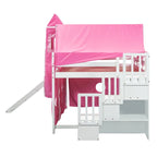 Letto a soppalco da gioco blu/rosa con scivolo, tenda e scale contenitore – Piazza e mezza, 1 bambino