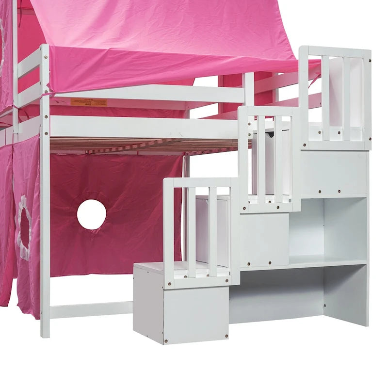 Letto a soppalco da gioco blu/rosa con scivolo, tenda e scale contenitore – Piazza e mezza, 1 bambino