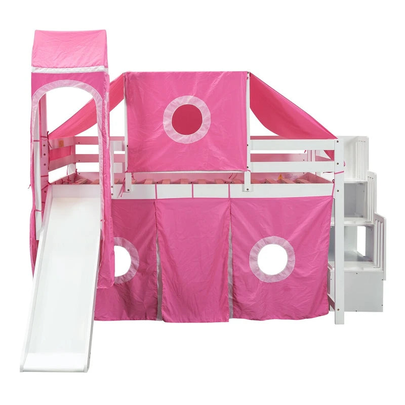Letto a soppalco da gioco blu/rosa con scivolo, tenda e scale contenitore – Piazza e mezza, 1 bambino