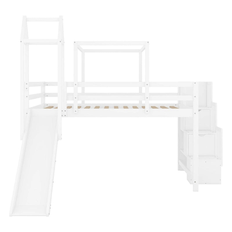 Letto a soppalco da gioco blu/rosa con scivolo, tenda e scale contenitore – Piazza e mezza, 1 bambino