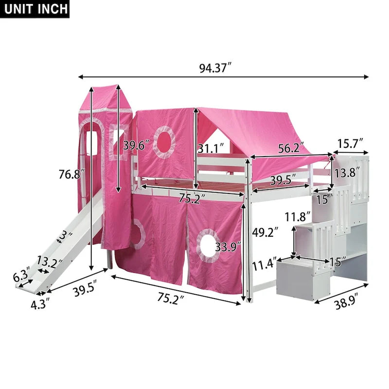 Letto a soppalco da gioco blu/rosa con scivolo, tenda e scale contenitore – Piazza e mezza, 1 bambino