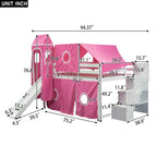 Letto a soppalco da gioco blu/rosa con scivolo, tenda e scale contenitore – Piazza e mezza, 1 bambino