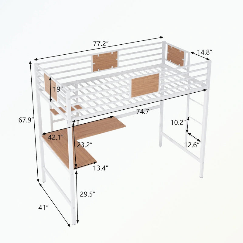 Letto a soppalco singolo in metallo bianco/nero con scrivania e mensole