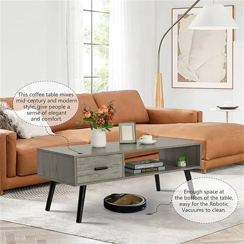 Tavolino da Salotto con Cassetto e Ripiano Aperto – Grigio Classico / Beige / Marrone Rustico / Nero