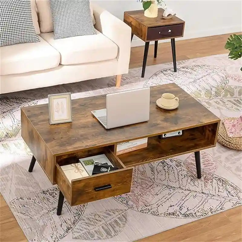 Tavolino da Salotto con Cassetto e Ripiano Aperto – Grigio Classico / Beige / Marrone Rustico / Nero