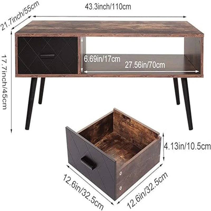 Tavolino da Salotto con Cassetto e Ripiano Aperto – Grigio Classico / Beige / Marrone Rustico / Nero