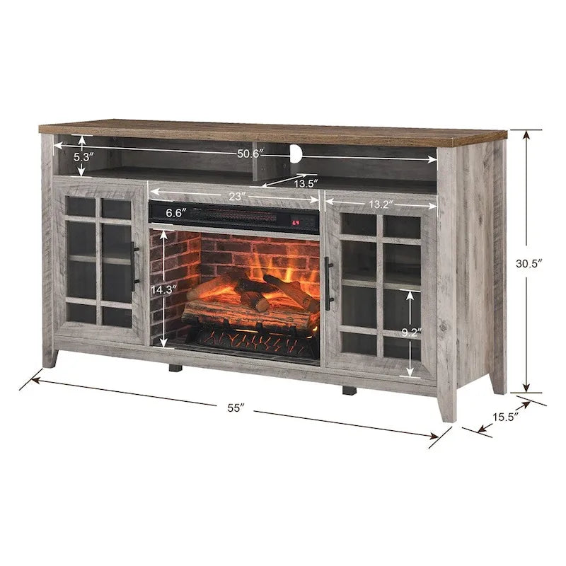 Mobile TV con camino elettrico – Marrone/Grigio anticato, 55 pollici, Posti a sedere 1–2, 1500W