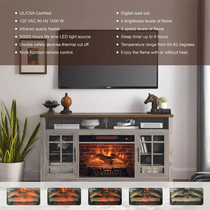 Mobile TV con camino elettrico – Marrone/Grigio anticato, 55 pollici, Posti a sedere 1–2, 1500W