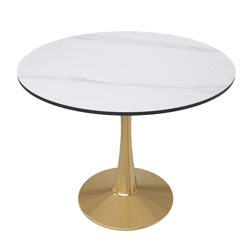 Tavolo da pranzo rotondo bianco / nero / bianco marmorizzato – Base a piedistallo, 4 posti a sedere