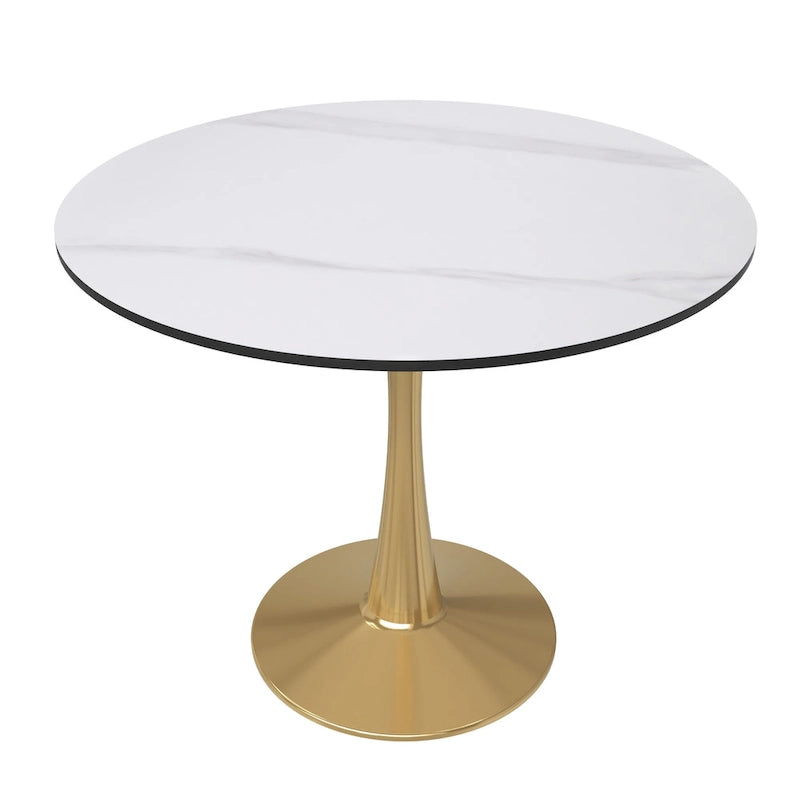 Tavolo da pranzo rotondo bianco / nero / bianco marmorizzato – Base a piedistallo, 4 posti a sedere