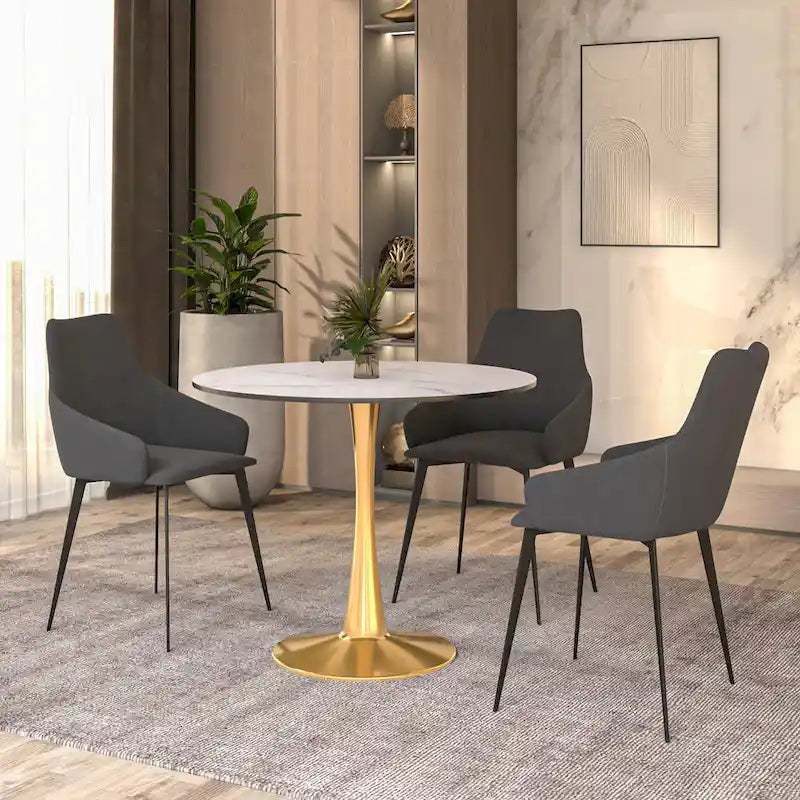 Tavolo da pranzo rotondo bianco / nero / bianco marmorizzato – Base a piedistallo, 4 posti a sedere