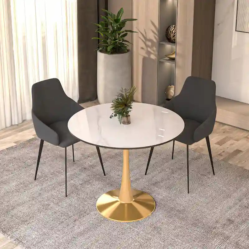Tavolo da pranzo rotondo bianco / nero / bianco marmorizzato – Base a piedistallo, 4 posti a sedere