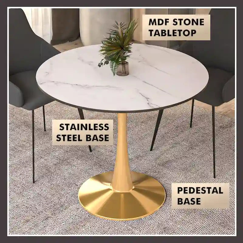 Tavolo da pranzo rotondo bianco / nero / bianco marmorizzato – Base a piedistallo, 4 posti a sedere